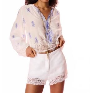 NEW LOVESHACKFANCY women's dresner cotton lace trimmed blouse in victorian blue